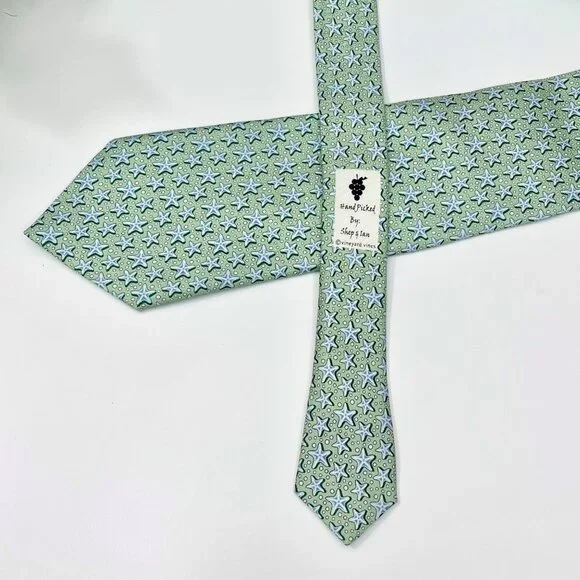 Vineyard Vines Mens Starfish Patterned Green Silk Tie